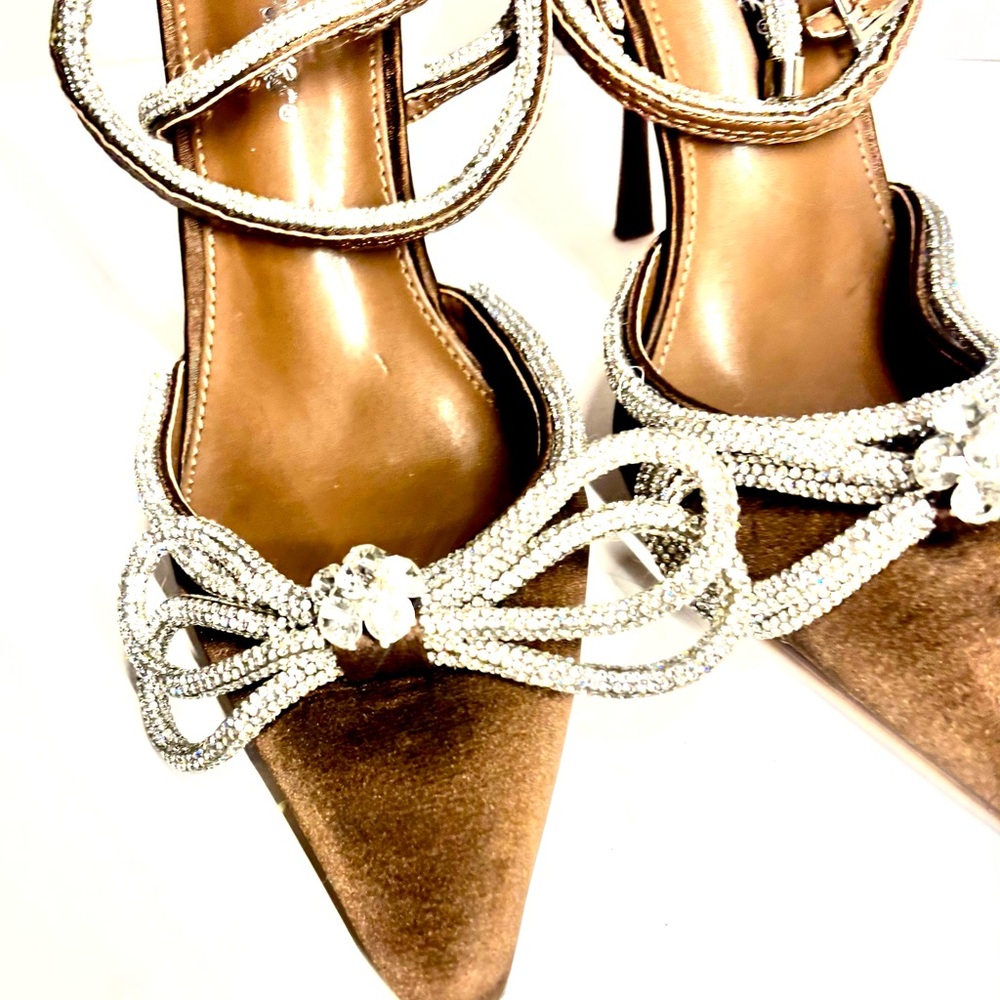 Metallic ankle-wrap Stiletto heels Crystal-embellished Bow detail Chocolate 9W - Picture 3 of 14